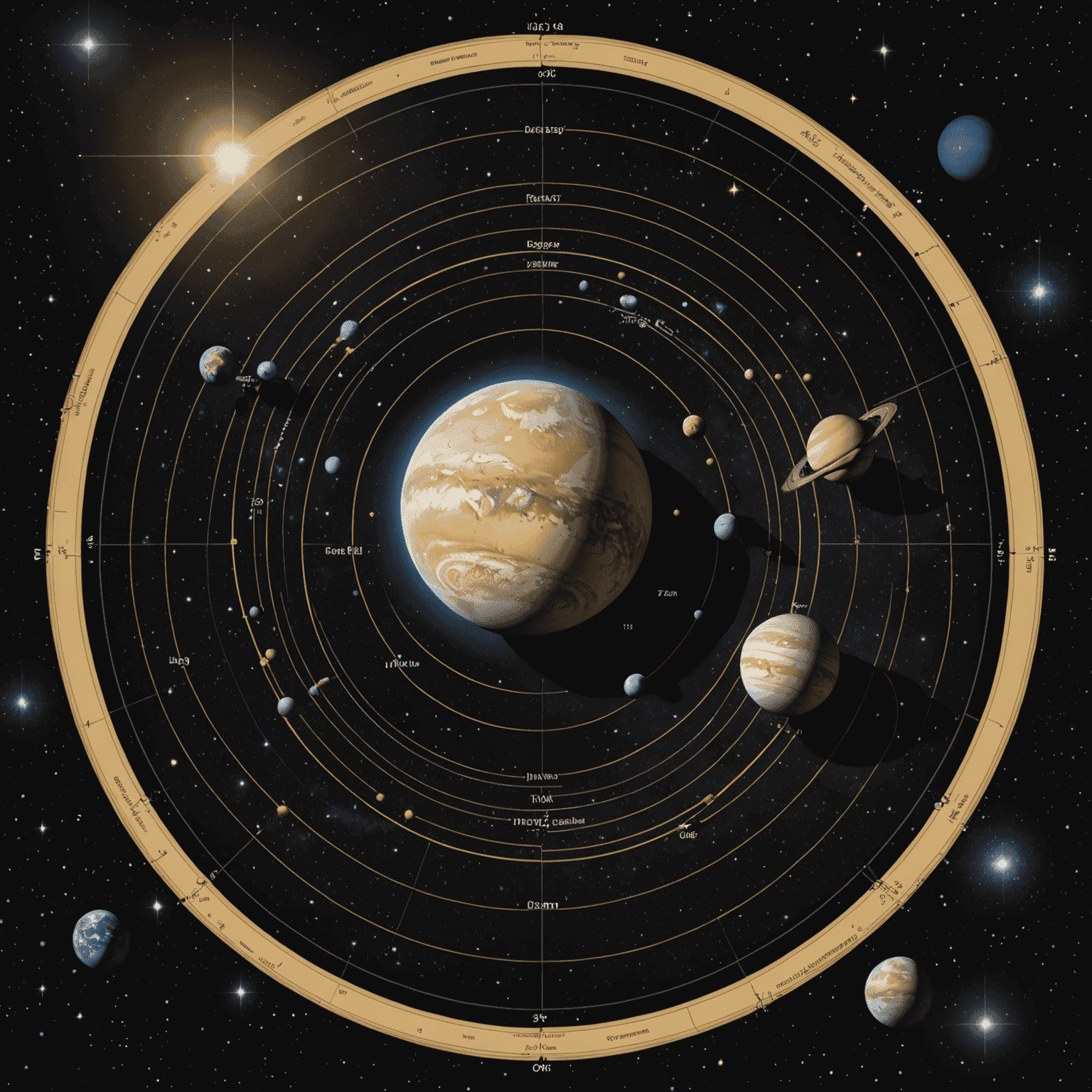 Ilustracja przedstawiająca orbity planet z zaznaczonymi punktami retrogradacji, otoczone gwiazdami